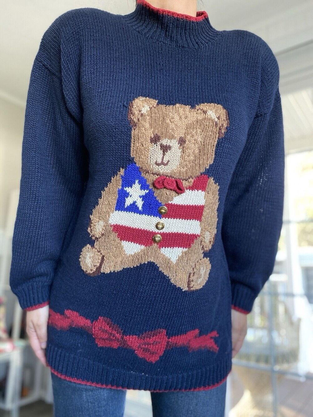 TALBOTS knitted embroidered vintage teddy bear American flag Holiday sweater M